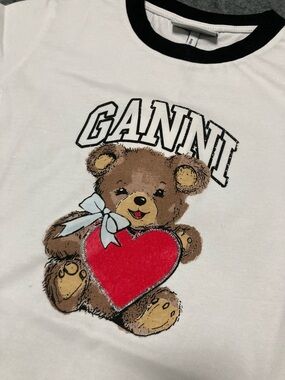 Ganni White Ringer Tee with Teddy and Red Heart